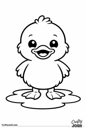 Fluffy baby duckling standing beside a little puddle