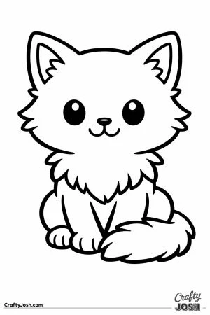 Fluffy cartoon kitten sitting with its tail curled around its paws