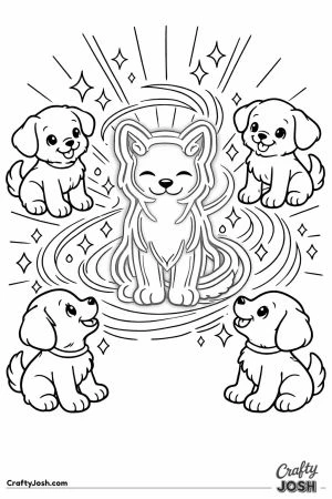 Four puppies merging into one glowing neon pet in a ring of sparkles