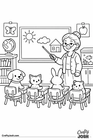 Friendly pet classroom with pets at desks and a kind teacher