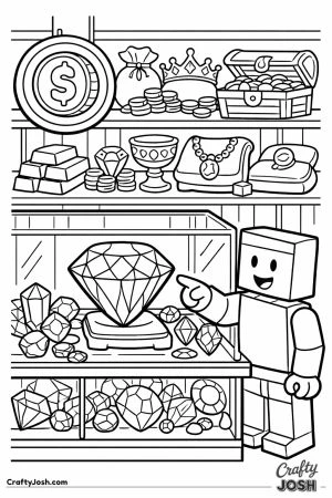 Game gem shop with a display case of faceted gems and a customer