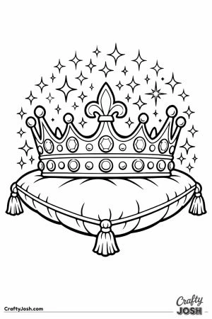 Glittery crown on a cushion ringed with sparkles and stars