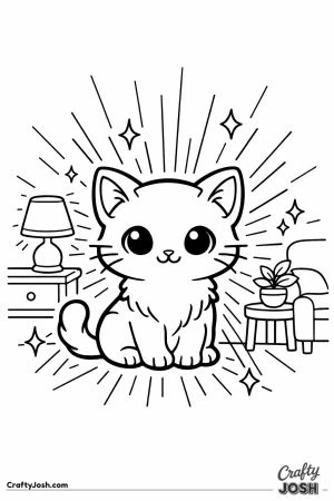 Glowing neon kitten lighting up a cozy dark room