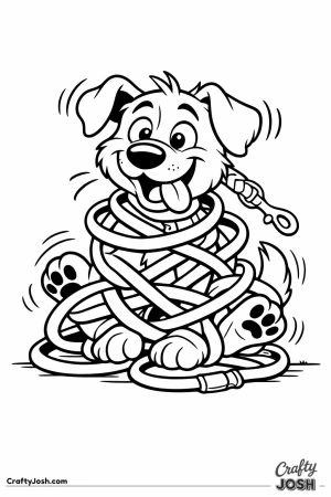 Goofy puppy all tangled up in its own looped leash