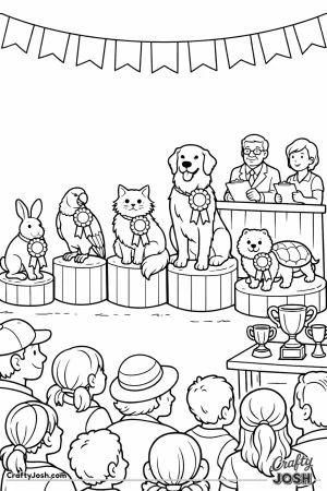 Grand pet show with pets on podiums wearing rosette ribbons