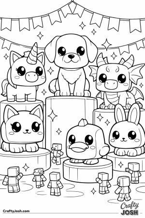 Grand showcase of several huge pets on pedestals with tiny avatars