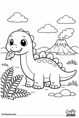 Happy baby dinosaur nibbling a leaf in a prehistoric meadow