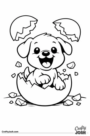 Happy baby puppy stepping out of its hatched egg shell