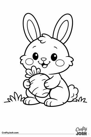 Happy cartoon bunny holding a round carrot in the grass