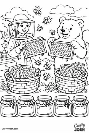 Honey harvest scene with a beekeeper and bear gathering honeycomb