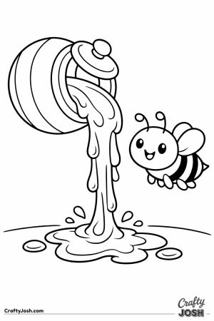Honeypot pouring a thick stream of honey as a bee watches