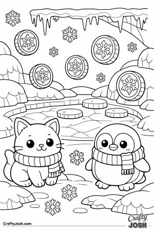 Icy game zone with snow mounds icicles and scarf wearing pets