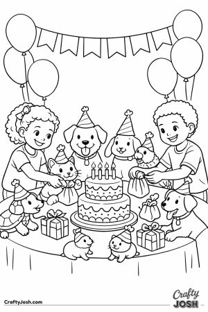 Lively pet birthday party with a cake balloons and party hats