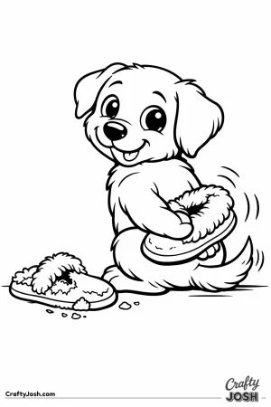 Mischievous puppy hiding a slipper behind its back with an innocent look