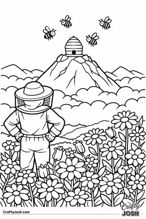 Mountain top flower field with a hive and bees flying high