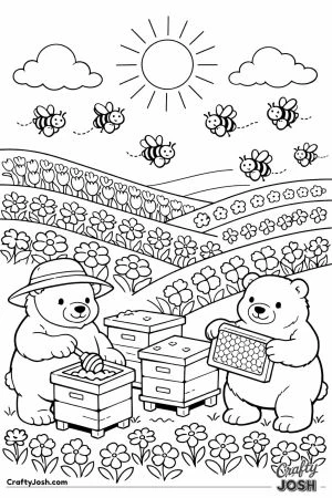 Open flower field panorama with bears bees and hives