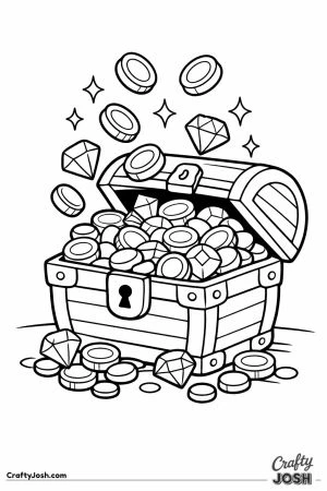 Open game treasure chest bursting with coins and gems
