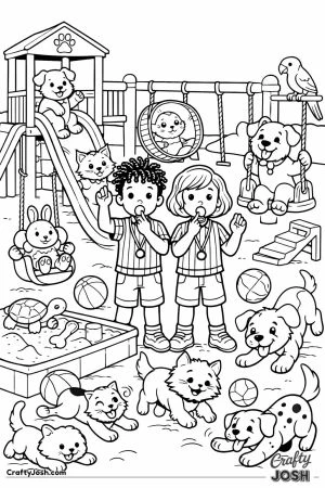 Pet playground packed with pets playing on slides and swings
