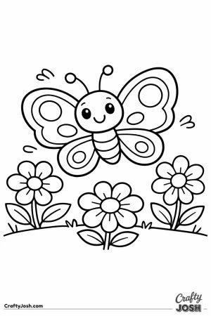 Pretty cartoon butterfly with patterned wings among the flowers