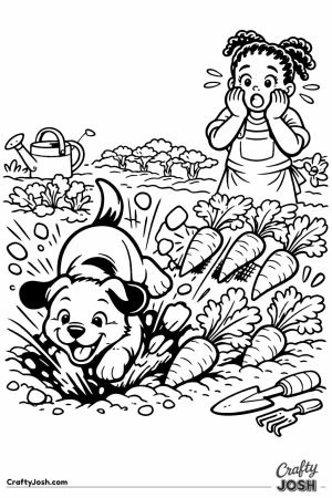 Puppy digging up carrot row
