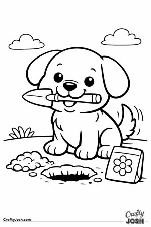 Puppy holding garden trowel