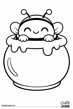 Round honeypot with a chunky bee peeking over the rim