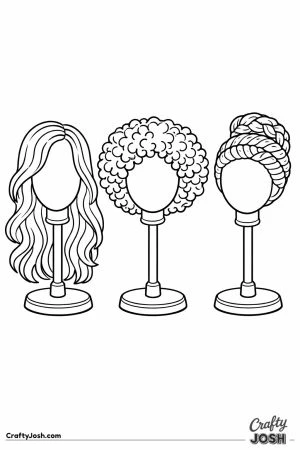 Row of wig stands showing three different hairstyles