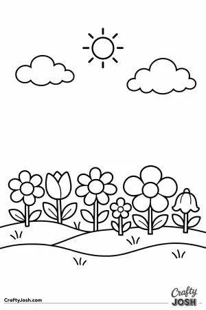Simple row of cheerful flowers in a little field