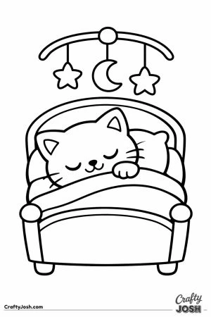 Sleepy baby kitten napping in a cozy crib under a star mobile