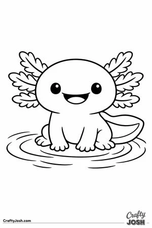 Smiling axolotl with frilly gills sitting in shallow water