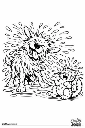 Soggy dog shaking water everywhere and splashing a surprised cat
