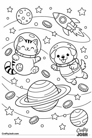 Space game zone with floating planets and pets in bubble helmets