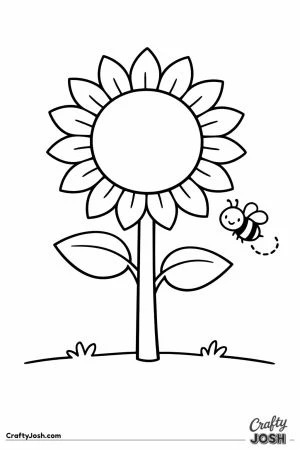Tall cheerful sunflower with a tiny bee buzzing beside it
