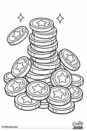 Tall tumbling pile of shiny game coins with star icons