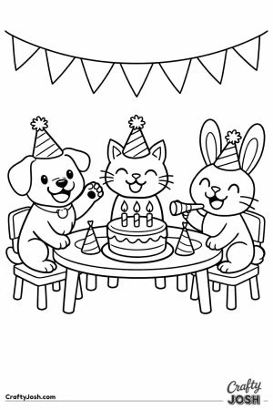 Three cheerful pets in party hats celebrating with a cake