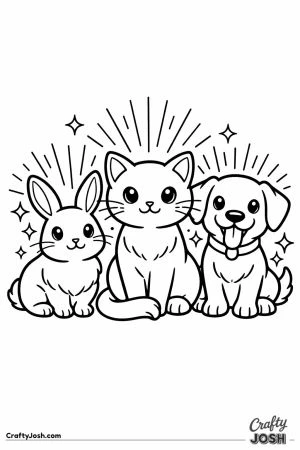 Trio of glowing neon pets posing together with sparkle halos