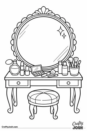 Vanity table with a round mirror and makeup on top