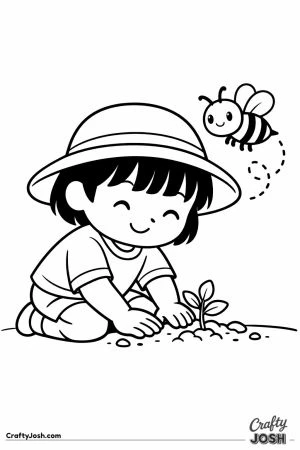 Young beekeeper in a sunhat planting a tiny flower sprout