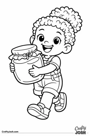 Young beekeeper with a curly puff proudly carrying a honey jar