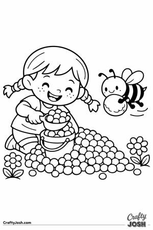 Young beekeeper with braided pigtails scooping pollen into a bucket