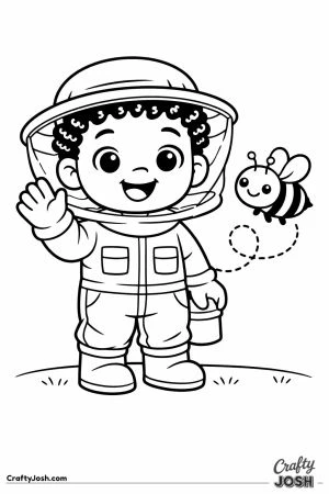 Young beekeeper with coily hair waving beside a friendly bee