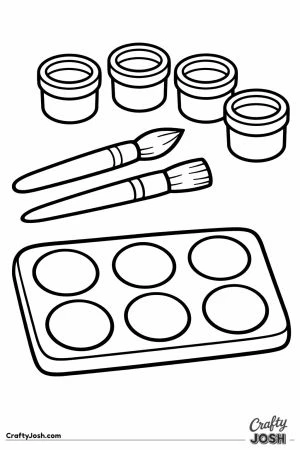 Art table with paint pots and two thick brushes
