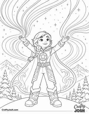A young superhero stands on a snowy hill with her hands raised as beautiful ribbons of the Northern Lights swirl across the starry sky above snowy ..