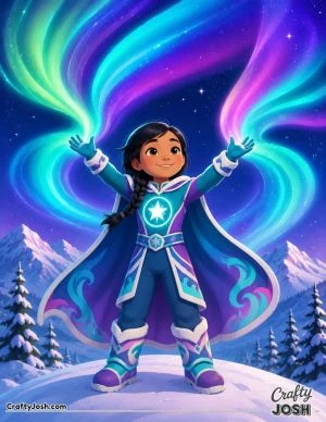 A young superhero stands on a snowy hill with her hands raised as beautiful ribbons of the Northern Lights swirl across the starry sky above snowy ..