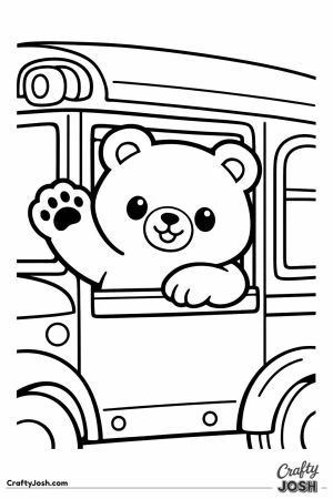 Bear leaning out of the bus window and waving