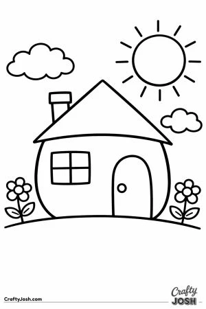 Big sheet of paper with a childs drawing of a house and sun