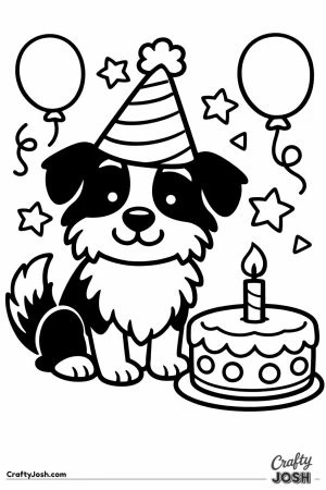 Border collie at a birthday party with a cake