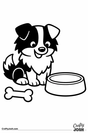 Border collie sitting beside a big food bowl