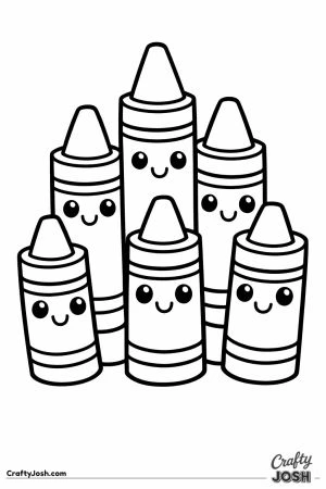 Bunch of six kawaii crayons standing together
