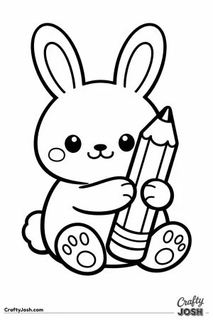 Bunny sitting up and holding a chunky pencil